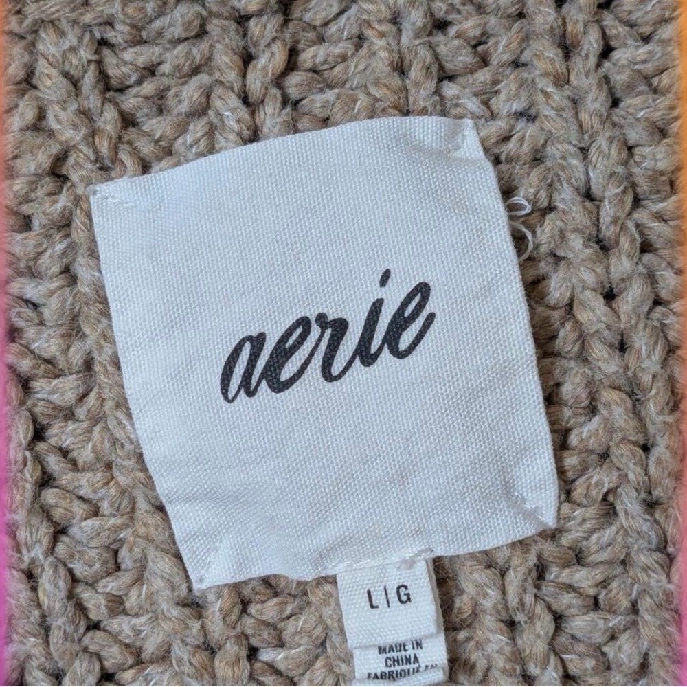 Aerie Oversized Chunky Knit Sweater Beige Tan Size L Cozy Crewneck - Picture 4 of 6